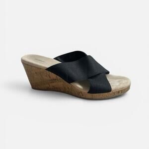 Avenue Black Elastic Strap Cork Wedge Sandals
